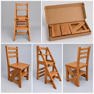 May include: A convertible wooden chair that transforms into a step stool. The furniture features a natural wood grain finish, a high backrest, and metal hinges for folding. It is shown fully assembled in various positions and disassembled in a box.