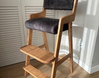Adjustable Wooden High Stool: Kids Growing Chair with Cushioned Seat