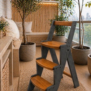 Scala a pioli con struttura in grafite e gradini in legno caldo / Sedia a scala con gradini in grafite e legno caldo / Sgabello pieghevole in grafite con seduta in legno caldo