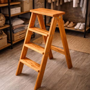 May include: A wooden step stool with three steps and a top platform. The stool is made of light-colored wood and has a simple, functional design. It is positioned on a wooden floor.