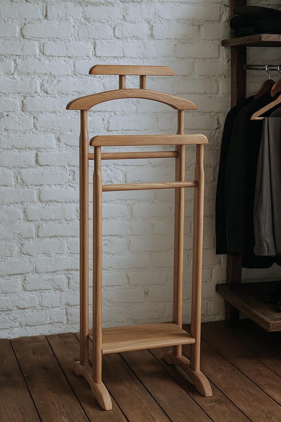 Doppel Holz Stummer Diener | Zwei Kleiderständer | Double Schiene Holz Anzug & Outfit Valet | Premium doppelter Kleidungsturm aus Holz