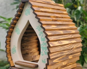Cozy wooden feeder for small birds | Wooden Bird Feeder for Balcony or Garden | Charming Cozy Bird Feeder | Eco-Friendly Wooden Bird Feeder