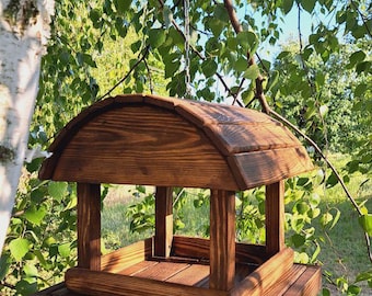 Comedero colgante de madera para pájaros / Comedero para pájaros de exterior hecho a mano para jardín o balcón / Comedero colgante hecho a mano / Comedero para pájaros de madera natural