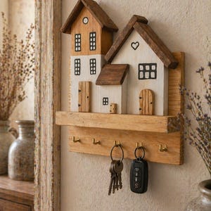 Op de afbeelding: Houten sleutelhouder met twee miniatuurhuisontwerpen. De huizen hebben bruine daken en witte muren. De sleutelhouder heeft een plank en messing haken voor sleutels. Een set sleutels en een autosleutelhanger hangen aan de haken.