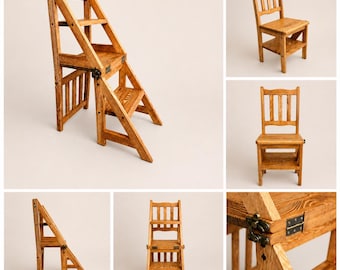 Natural Wood Step Chair | Wood Ladder Chair 2-in-1 | Folding Step Stool Chair – Natural Wood | Multi-Use Wooden Step Chair
