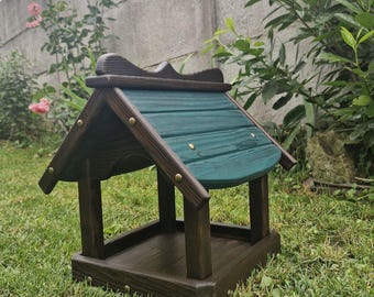 Handmade Wooden Bird Feeder: Brown House with Emerald Roof