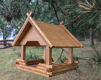Comedero para pájaros de madera hecho a mano / Comedero para pájaros de 23 x 25 x 28 cm / Comedero para pájaros con techo / Comedero para pájaros de madera ecológico / Decoración de jardín sostenible