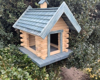 Comedero de madera para pájaros abierto / Comedero de madera artesanal / Comedero de madera natural / Comedero estilo cabaña campestre