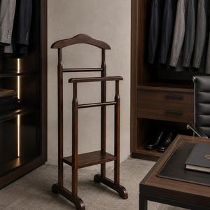 Puede incluir: Un galán de noche de madera de color marrón oscuro con una percha contorneada para chaquetas, una barra horizontal para pantalones y un pequeño estante plano en la base para accesorios. La estructura se apoya en dos postes y una base estable.