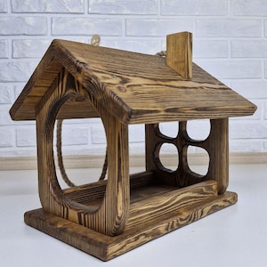 Wood Burned Bird Feeder | Handmade Open Wooden Feeder | Rustic Outdoor Garden Feeder for Birds Burnt Wood Finish | Open Birdhouse Feeder