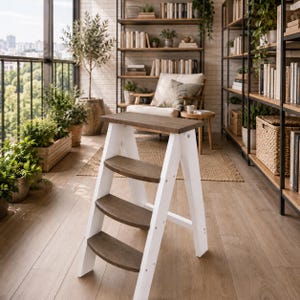 Puede incluir: Una escalera de tres peldaños con marcos laterales blancos y peldaños de madera de color marrón oscuro. La escalera cuenta con una plataforma superior plana y dos peldaños inferiores curvos, ofreciendo una estructura estable para alcanzar zonas elevadas.