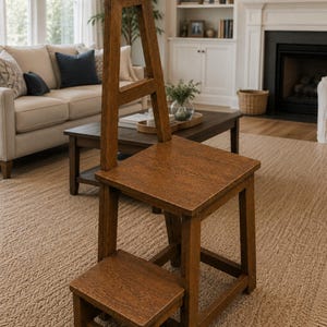 May include: A medium-brown wooden step stool chair featuring a tall, open-frame backrest, a square seat, and a lower retractable step. The piece is constructed from wood with a visible grain pattern and has a sturdy, four-legged base design.