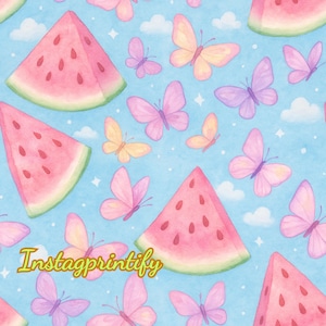 Wassermelonen-Schmetterling-nahtloses Muster JPG für Sublimation, netter Sommer-Himmel-Digital-Papier-Hintergrund