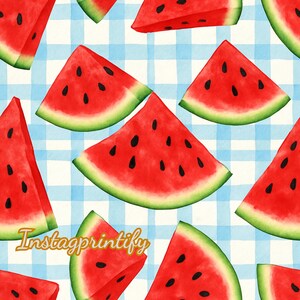 Wassermelone Musterdesign mit blauem Gingham Hintergrund, Sommer Picknick digitales Papier für Sublimationshandwerk