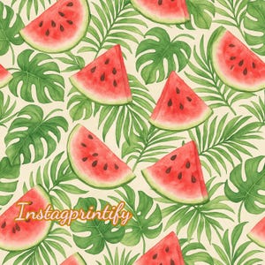 Tropische Wassermelone Musterdesign JPG, Palmenblatt Sommer Digital Papier, Obst Hintergrund für Stoff