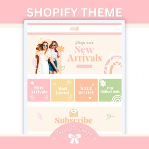 Può includere: Un design a tema Shopify nei toni del rosa tenue e crema. Il design presenta il testo "Shop our New Arrivals" e "Subscribe". Altre sezioni includono "New Arrivals", "Most Loved", "Sale 30% Off" e "Our Collections".