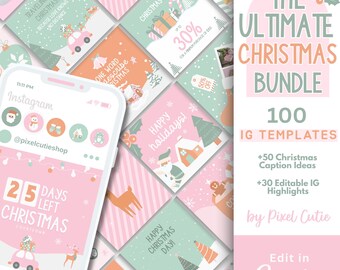 Paquete de plantillas navideñas para Instagram / Plantillas de publicaciones navideñas para Canva / 100 publicaciones para IG, editables en Canva, Navidad rosa