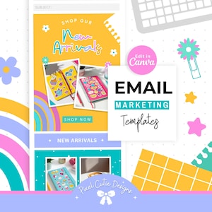 May include: A digital marketing template design with a cheerful, colorful aesthetic. The design features the text "EMAIL MARKETING Templates" and "New Arrivals". The design includes images of notebooks, flowers, and a rainbow.