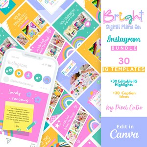 Może przedstawiać: Reklama produktu cyfrowego, przedstawiająca smartfon z interfejsem Instagram i kolorowymi kwadratami ze zdjęciami produktów. Tekst zawiera "Instagram Bundle", "30 IG Templates" i "Edit in Canva."