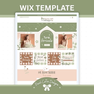 May include: A Wix website template with a soft, feminine aesthetic. The design features a light green and peach color scheme with floral accents. The website showcases sections for new arrivals, best sellers, and on-sale items. The text "WIX TEMPLATE" is at the top.