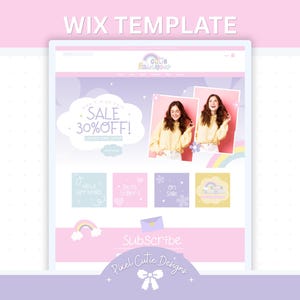 以下が含まれることがあります： パステルカラーのWixテンプレートデザイン。画像、テキスト、グラフィックを使用したウェブサイトレイアウトが特徴です。デザインには「WIX TEMPLATE」、「SALE 30% OFF!」、「Subscribe」の文字が含まれています。全体的なテーマはキュートで気まぐれです。