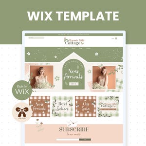 Peut inclure: Un modèle de site web Wix aux couleurs pastel. Le design présente un en-tête avec le texte "WIX TEMPLATE" et une mise en page de site web avec des sections pour les nouveautés, les meilleures ventes et un formulaire d'abonnement. Le site web comprend le texte "Warmie Little Cottage".