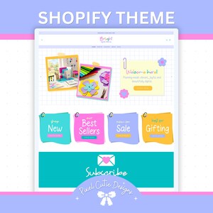 May include: A Shopify theme design with a light blue, pink, and white color scheme. The design includes a website mockup with sticky notes featuring text like "Shop New", "Best Sellers", and "Gifting". The words "Shopify Theme" are at the top.