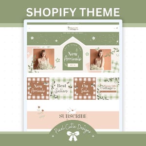 May include: A Shopify theme design with a soft, pastel color palette. The website layout features sections for new arrivals, best sellers, and on-sale items. The design includes floral accents and the text "Shopify Theme", "New Arrivals", "Best Sellers", "On Sale", and "Subscribe".