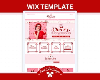 May include: A Wix template design with a pink and red color scheme. The design features the text "WIX TEMPLATE" at the top, and the words "Cherry Coquette Collections" in the center. The design includes a photo of a woman wearing red clothing and sunglasses.