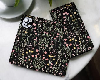 Dark floral wallet case for Galaxy S24 FE s23 S22 S21 S20 A55 S25 A53 iPhone 16 plus 15 14 13 12 xr 8 SE Google Pixel 8a 7a 6 9 gl003_w