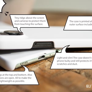 May include: A white phone case with a raised edge around the screen and camera lenses. The case is printed with a design that wraps around the edges. The case is lightweight and has openings at the top and bottom for the buttons.