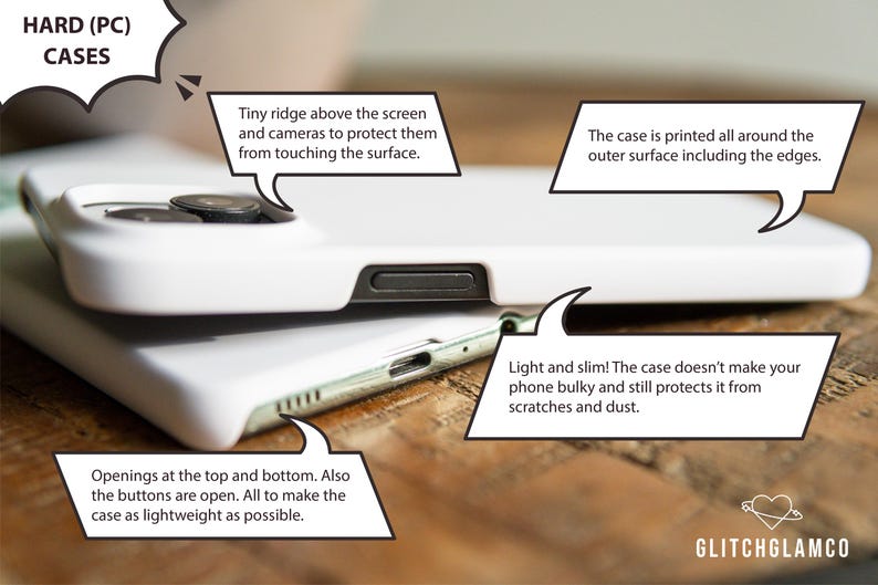 May include: A white phone case with a raised edge around the screen and camera lenses. The case is printed with a design that wraps around the edges. The case is lightweight and has openings at the top and bottom for the buttons.