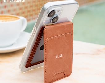 Personalized initials Magsafe card pocket for iPhone magnetic faux leather flip stand, wallet with card slots, custom name clip, luxury gift