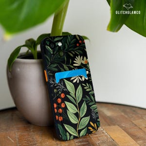 Étui pour carte botanique foncé pour iPhone 16+ 15 pro max 14 iPhone 13 mini 12 xr iPhone 8 SE 2022 Samsung S24 FE s23 Galaxy S22 S21 S20 gl012