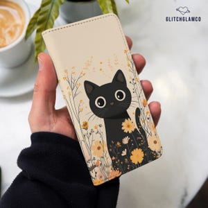 Bonita funda tipo cartera con diseño de gato negro para iPhone 16 Pro, 15, 14, 13, 12, XR, 8 SE, Galaxy S22 Ultra, S24 FE, S23, S21, A56, S25, A53, Google Pixel 8a, 7a, 6, 9 gl024w