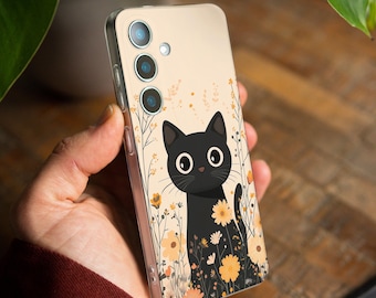 Black cat cute case for Galaxy A56 A17 A36 A22 A52 5g A51 A55 A53 A71 Samsung S25 FE S23 5g S24 S22 plus S21 Ultra S20 Note 20 10 S26 gl024