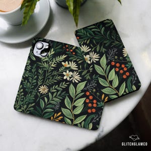 Funda tipo cartera botánica oscura para iPhone 16, 15 Pro Max, 14, 13, 12, 8 SE, piel sintética, Samsung S25, S24 FE, S23, S22, S21, S20, A56, Pixel 8a, 7a, 6, 9 gl012w