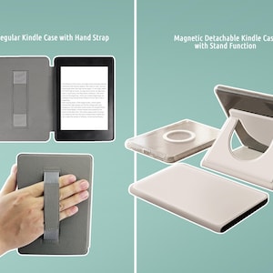 The image is a collage of three images, each depicting a different type of Kindle case or stand. The first image shows a regular Kindle case with a hand strap, the second image shows a magnetic detachable Kindle case with a stand function, and the third image shows a regular Kindle case without a strap.