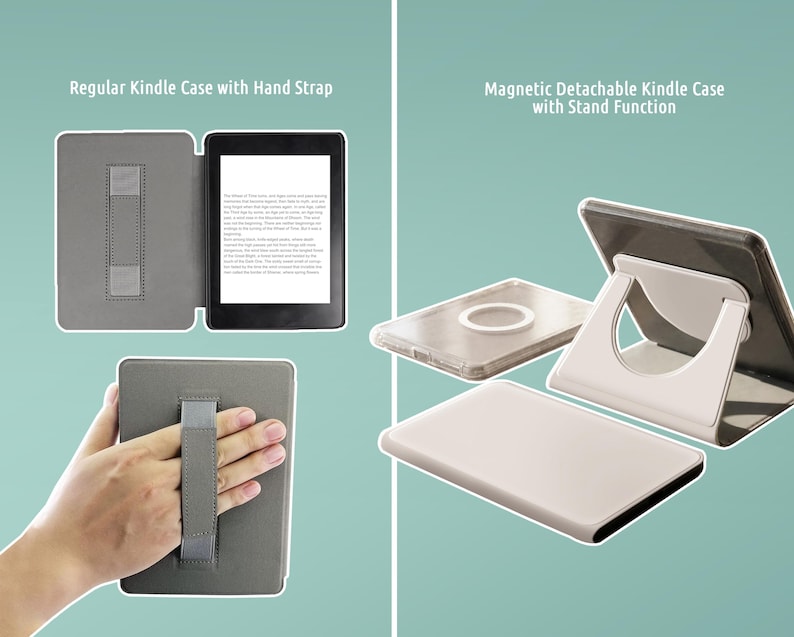 The image is a collage of three images, each depicting a different type of Kindle case or stand. The first image shows a regular Kindle case with a hand strap, the second image shows a magnetic detachable Kindle case with a stand function, and the third image shows a regular Kindle case without a strap.