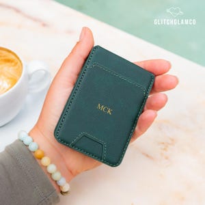 Monogram Magsafe card holder for iPhone magnetic faux leather flip iPhone stand, name wallet, pocket with card slots, custom initials clip