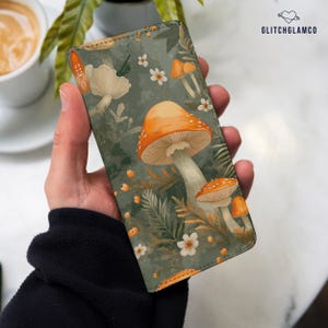 Funda tipo cartera de piel sintética con diseño de hongo para Google Pixel 8a, 7a, 6, 9, iPhone 16, 15, 14, 13, 12 y 8, Samsung S24 FE, S25, S23, S22, S21, S20, A56, A53, gl010_w