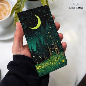 Capa carteira Moon Forest Google Pixel 8a 7 6 7a 6 9 couro sintético flip iPhone 16+ 15 14 13 12 8 Samsung S25 S24 S23 S22 S21 S20 A53 gl032w