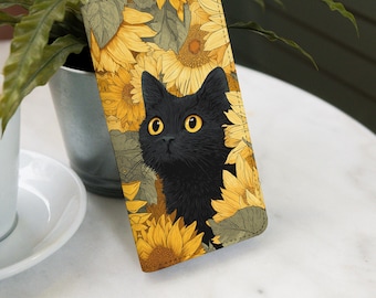 Funda tipo cartera con diseño de girasol y gato para Samsung S26 S24 FE S25 Ultra S22 S20 A55 A54 A25 A53 A56 A36 A15 iPhone 17 pro max 16e 15 14 13 12 8 SE gl122