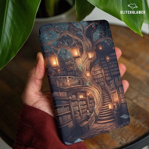 May include: A digital illustration of a tree trunk with bookshelves and a winding staircase. The tree is lit by warm, glowing lanterns. The image is perfect for a book lover's phone case.