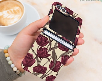 Mörk tulpanfärgad robust skal för Samsung Z Flip 6 Galaxy Z Flip 6 skyddande Samsung Z Flip 7 FE Flip 6 retro botaniskt presentfodral gl018