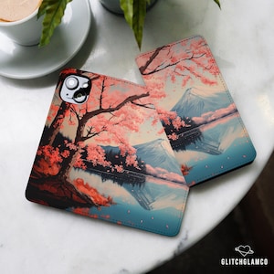 Capa carteira Sakura para Samsung Galaxy A56 5G S24 FE S23 S22 S21 S20 S25 A35 A53 iPhone 16+ 15 14 13 12 XR 8 SE Pixel 9 Pro 8A 7 6 gl037w