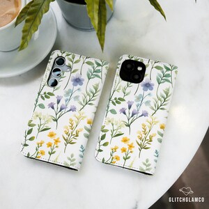 Funda de piel sintética con diseño de flores de campo para Samsung S22, S24 FE, 5G, S23, S21, S20, A56, S25, A53, iPhone 16, 15, 14, 13, 12, XR, 8 SE, Pixel 8a, 7a, 6, 9, GL033