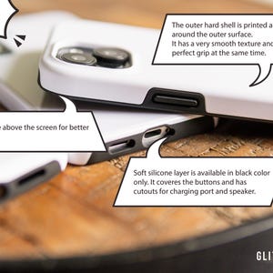 May include: Two white phone cases with black trim. The top case has a smooth texture and a small ridge above the screen for protection. The bottom case has a soft silicone layer that covers the buttons and has cutouts for the charging port and speaker. The text "TOUGH CASES" is in a speech bubble above the cases.