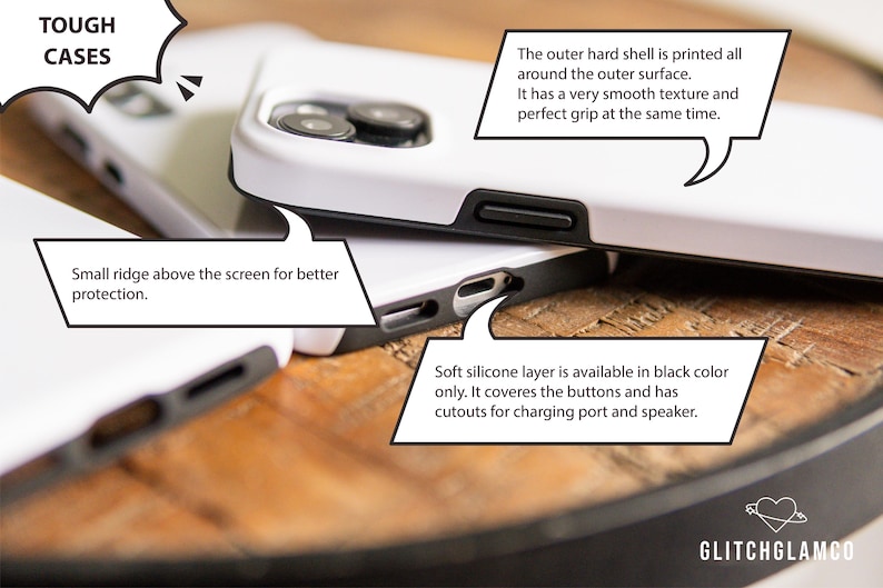 May include: Two white phone cases with black trim. The top case has a smooth texture and a small ridge above the screen for protection. The bottom case has a soft silicone layer that covers the buttons and has cutouts for the charging port and speaker. The text "TOUGH CASES" is in a speech bubble above the cases.