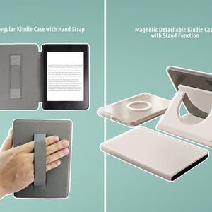 The image is a collage of three images, each depicting a different type of Kindle case or stand. The first image shows a regular Kindle case with a hand strap, the second image shows a magnetic detachable Kindle case with a stand function, and the third image shows a regular Kindle case without a strap.